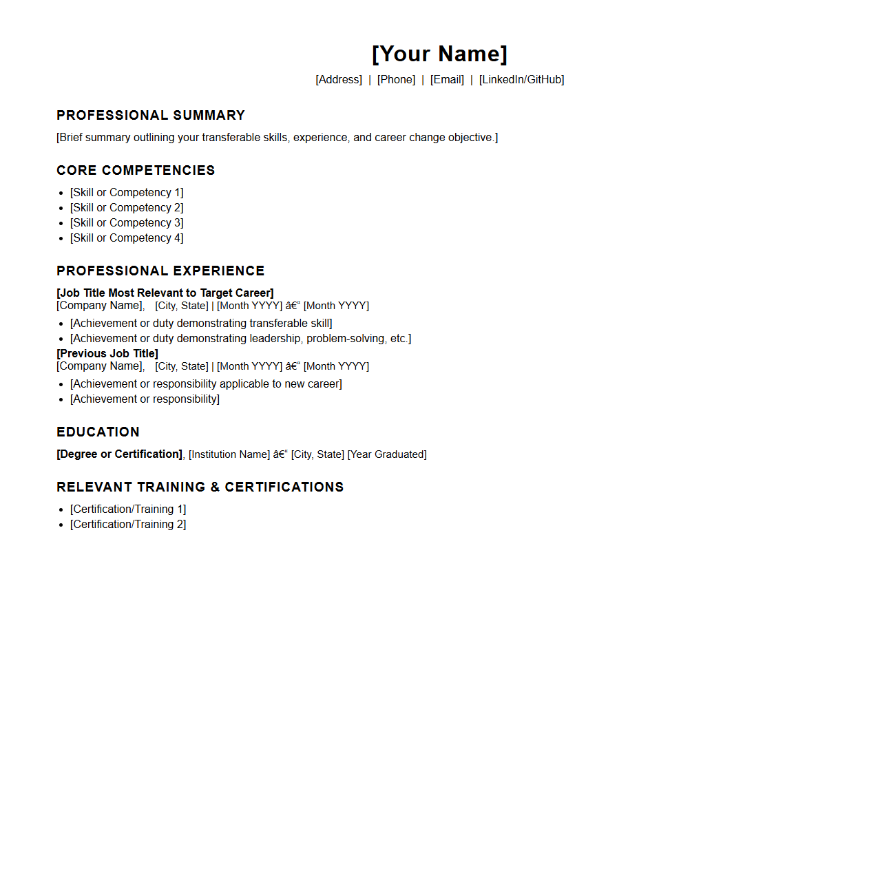 Chronological Resume Template for Career Changers