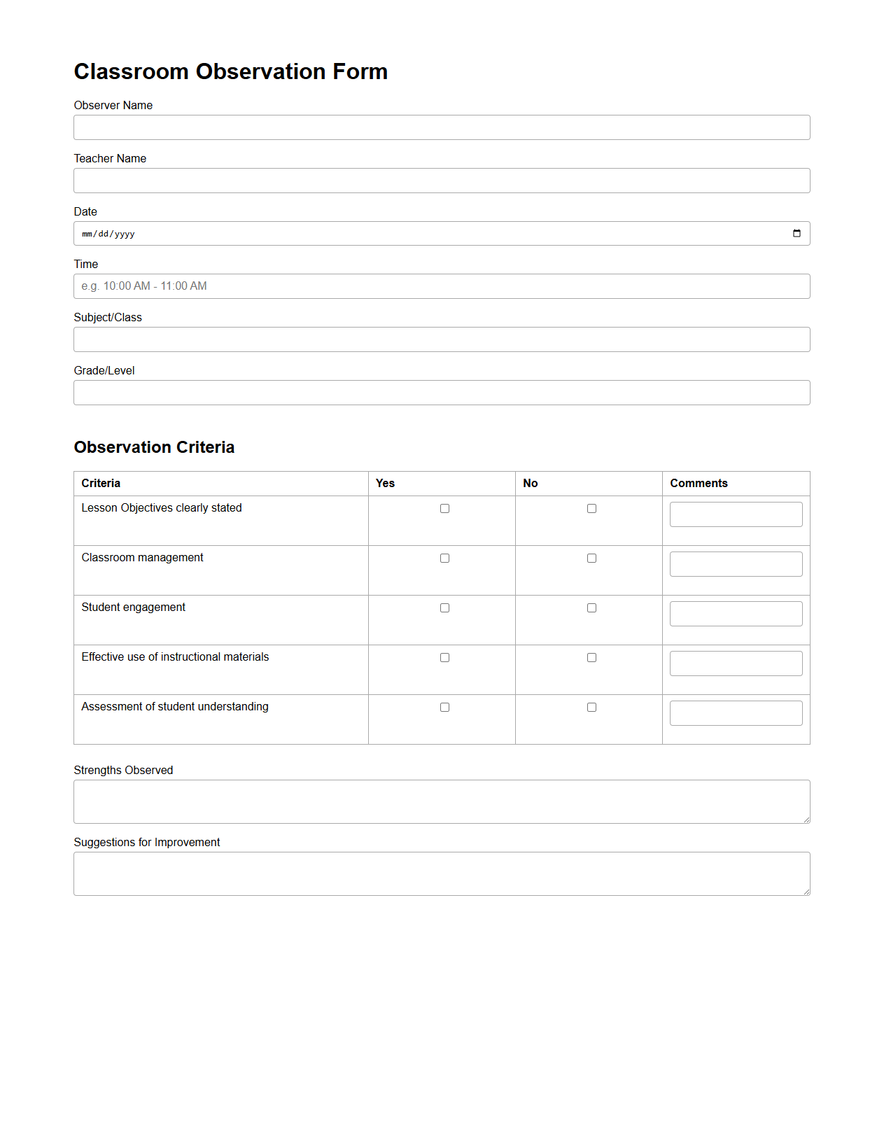 Classroom Observation Form Template