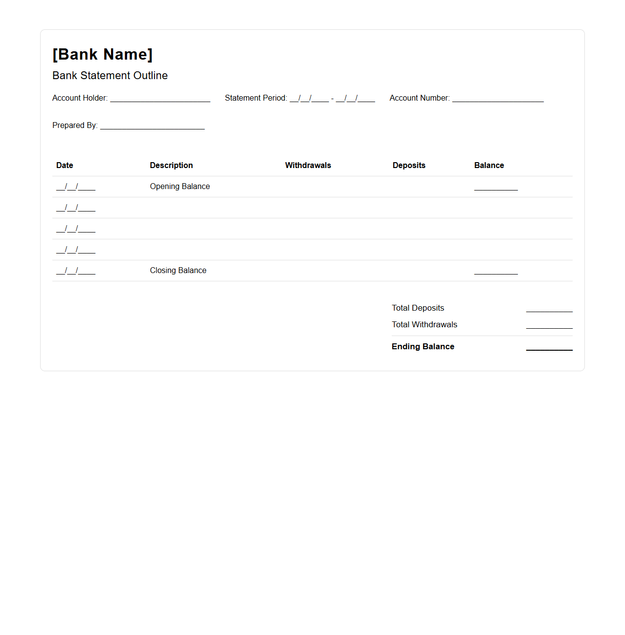 Clean Bank Statement Outline for Account Balancing