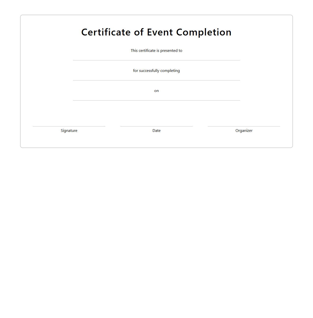 Clean Blank Event Completion Certificate Sample