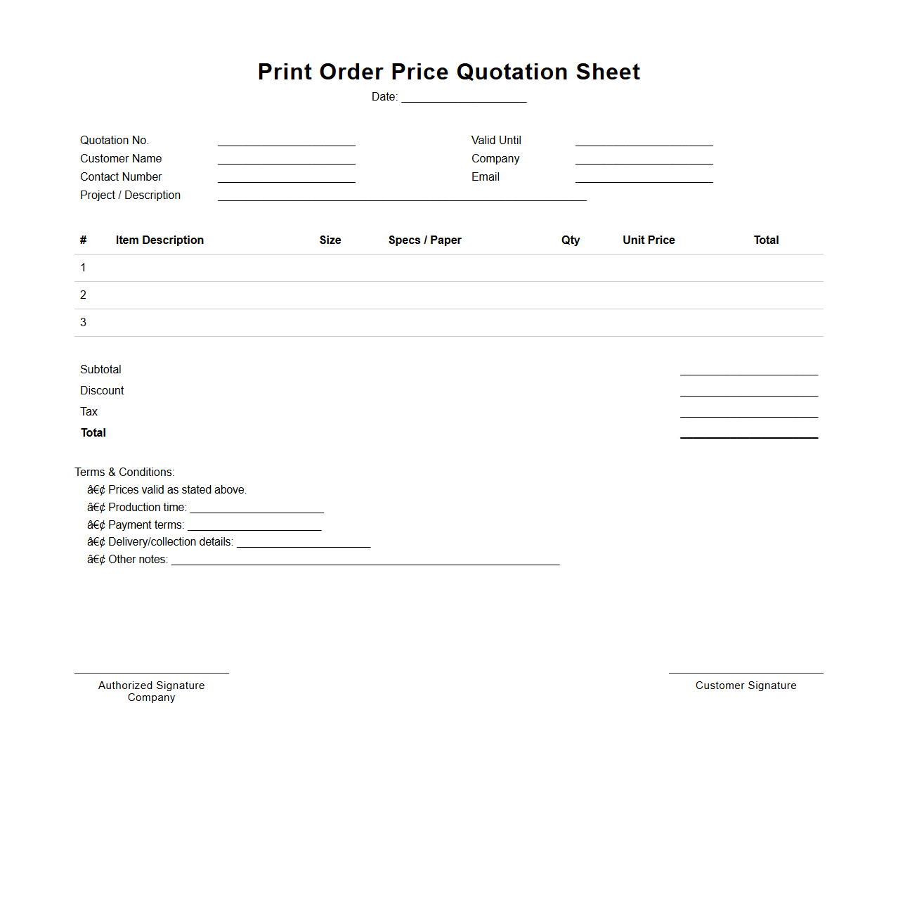 Clean Print Order Price Quotation Sheet