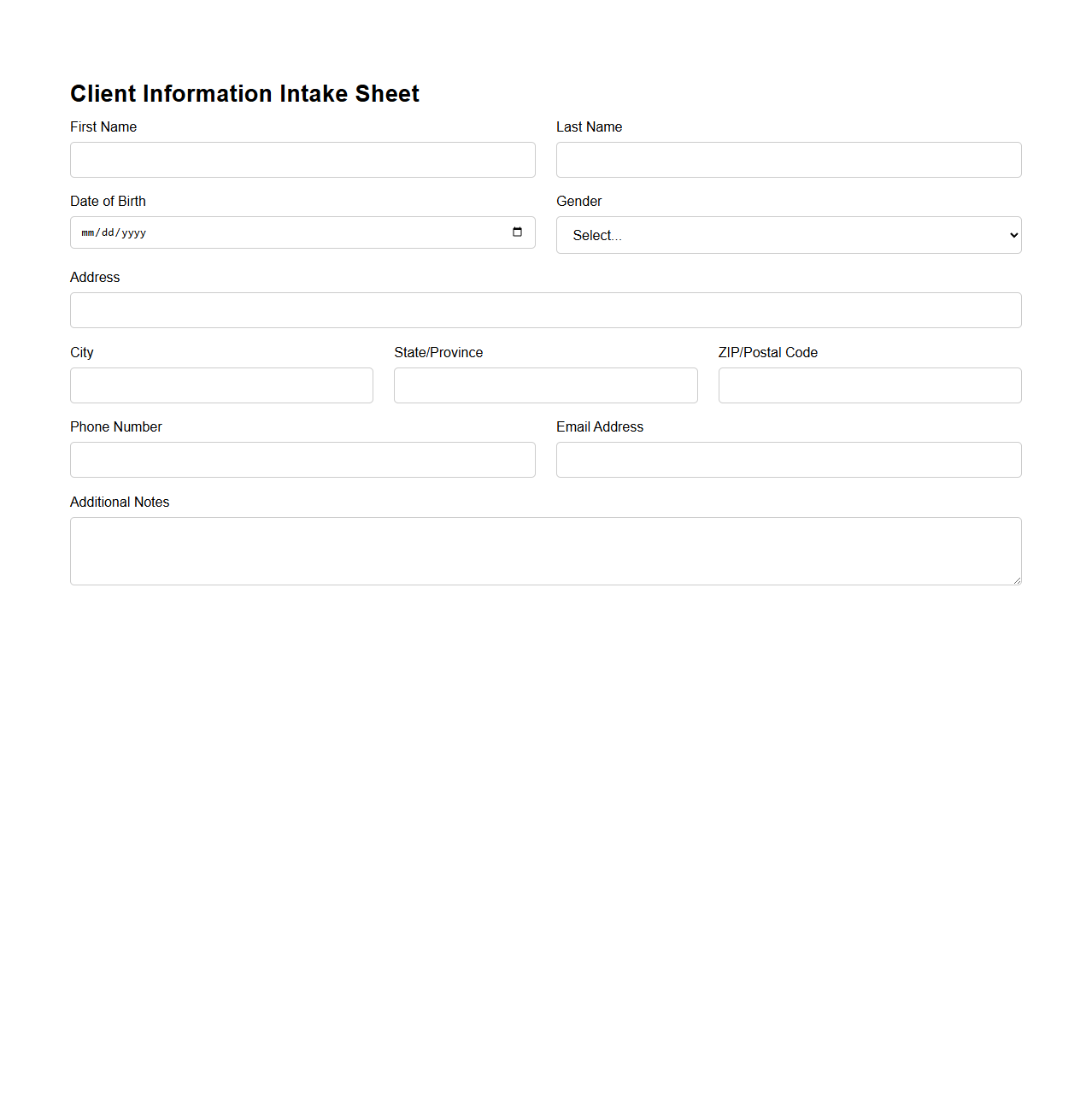 Client Information Intake Sheet