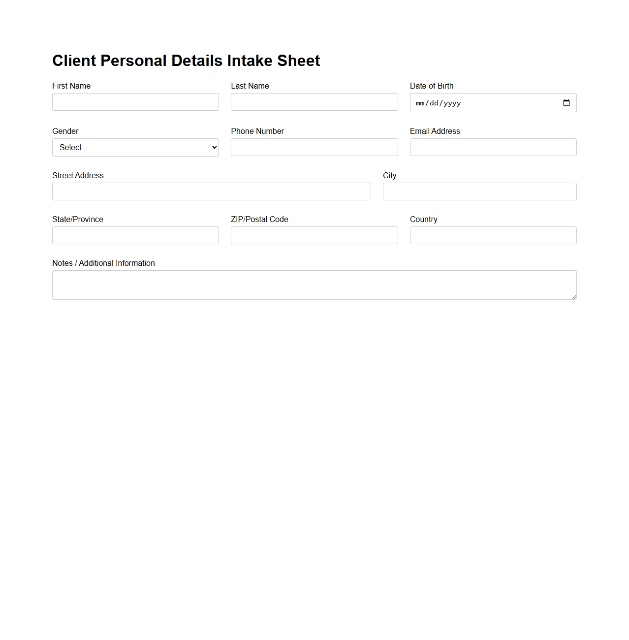 Client Personal Details Intake Sheet