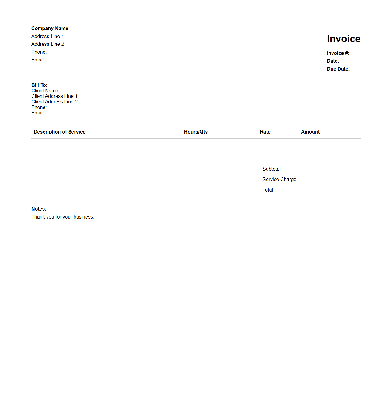 Client Service Charge Invoice Template
