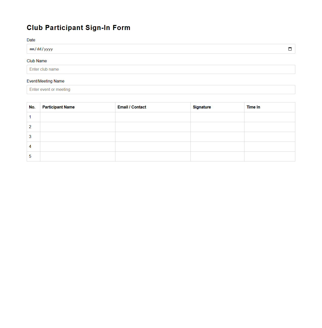 Club Participant Sign-In Form Template