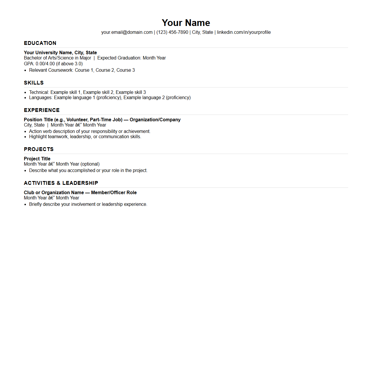 College Freshman Resume Template for Internships