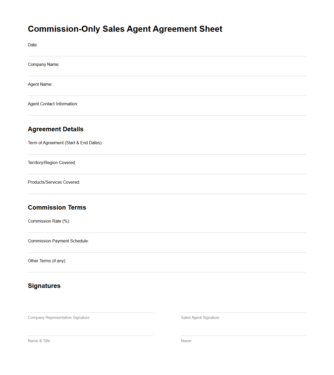 Commission-Only Sales Agent Agreement Sheet