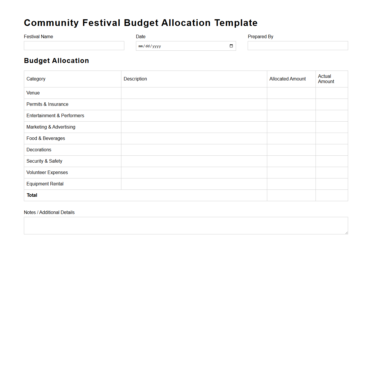 Community Festival Budget Allocation Template