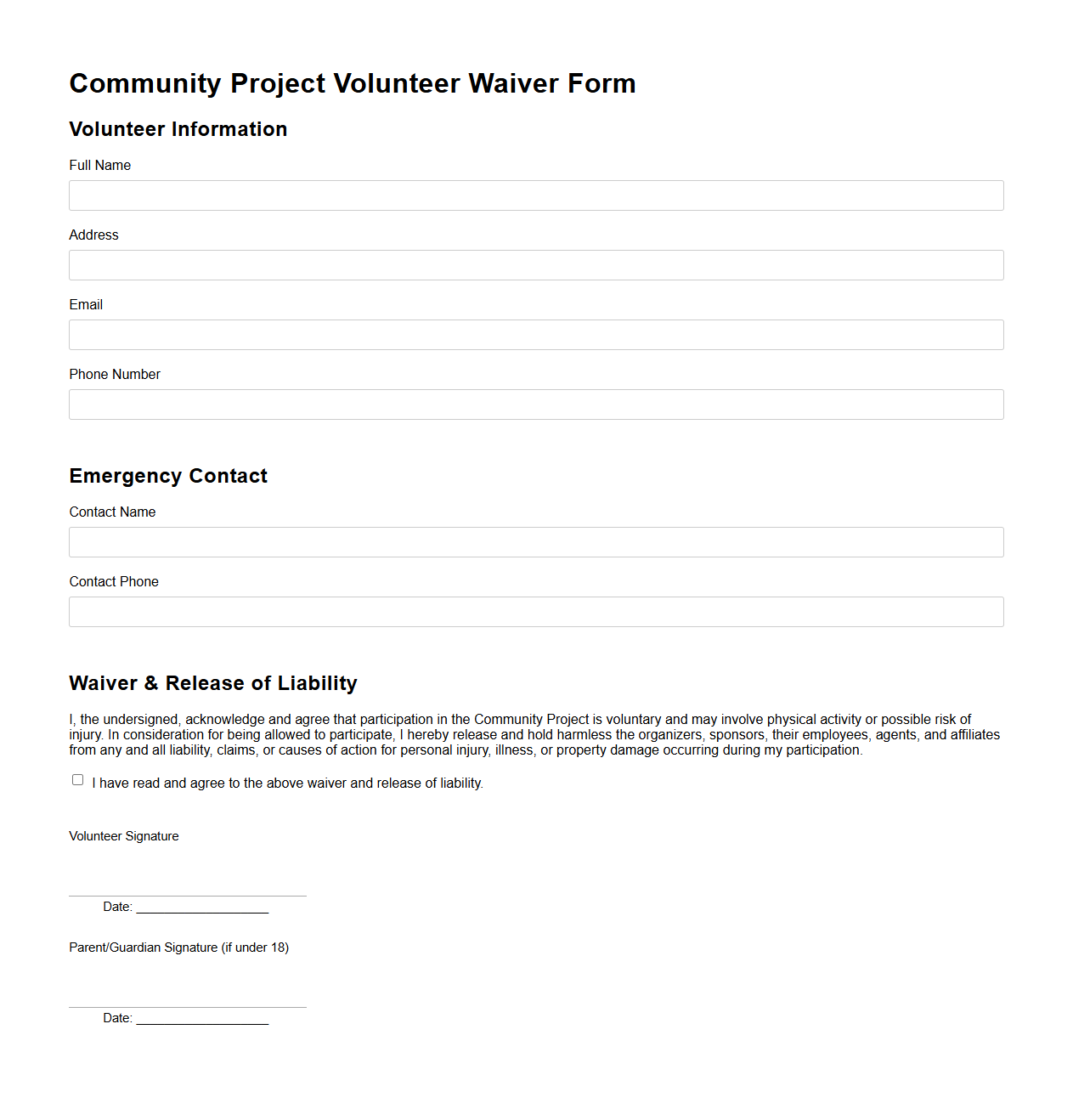 Community Project Volunteer Waiver Form