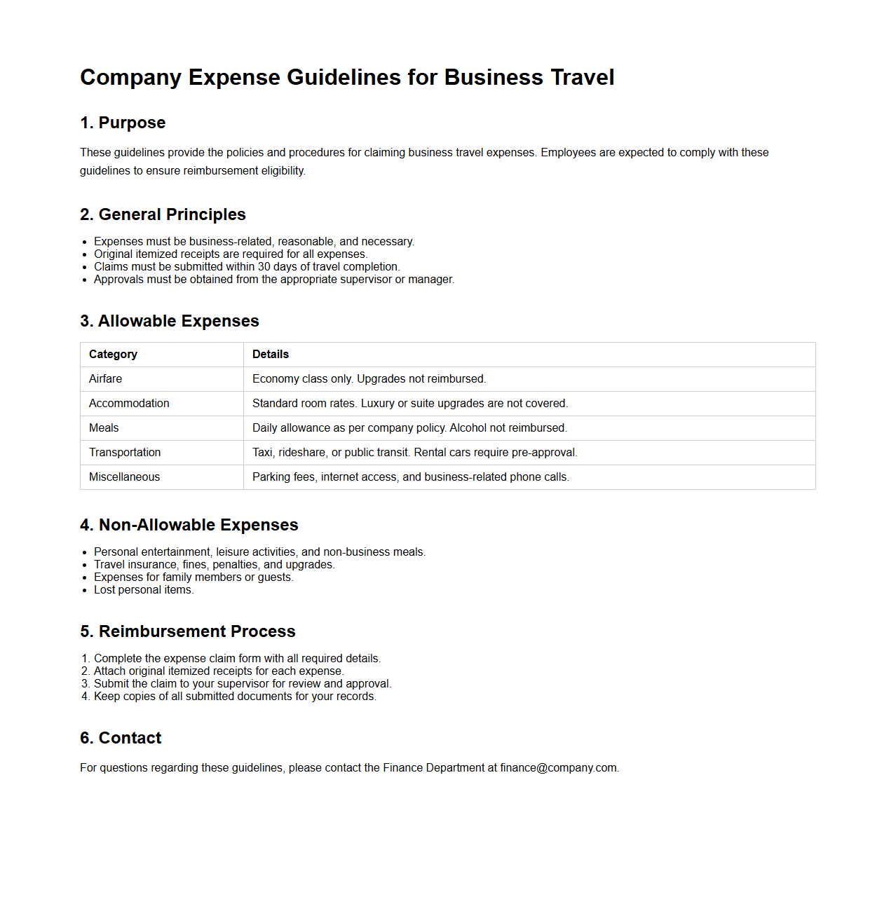 Company Expense Guidelines for Business Travel