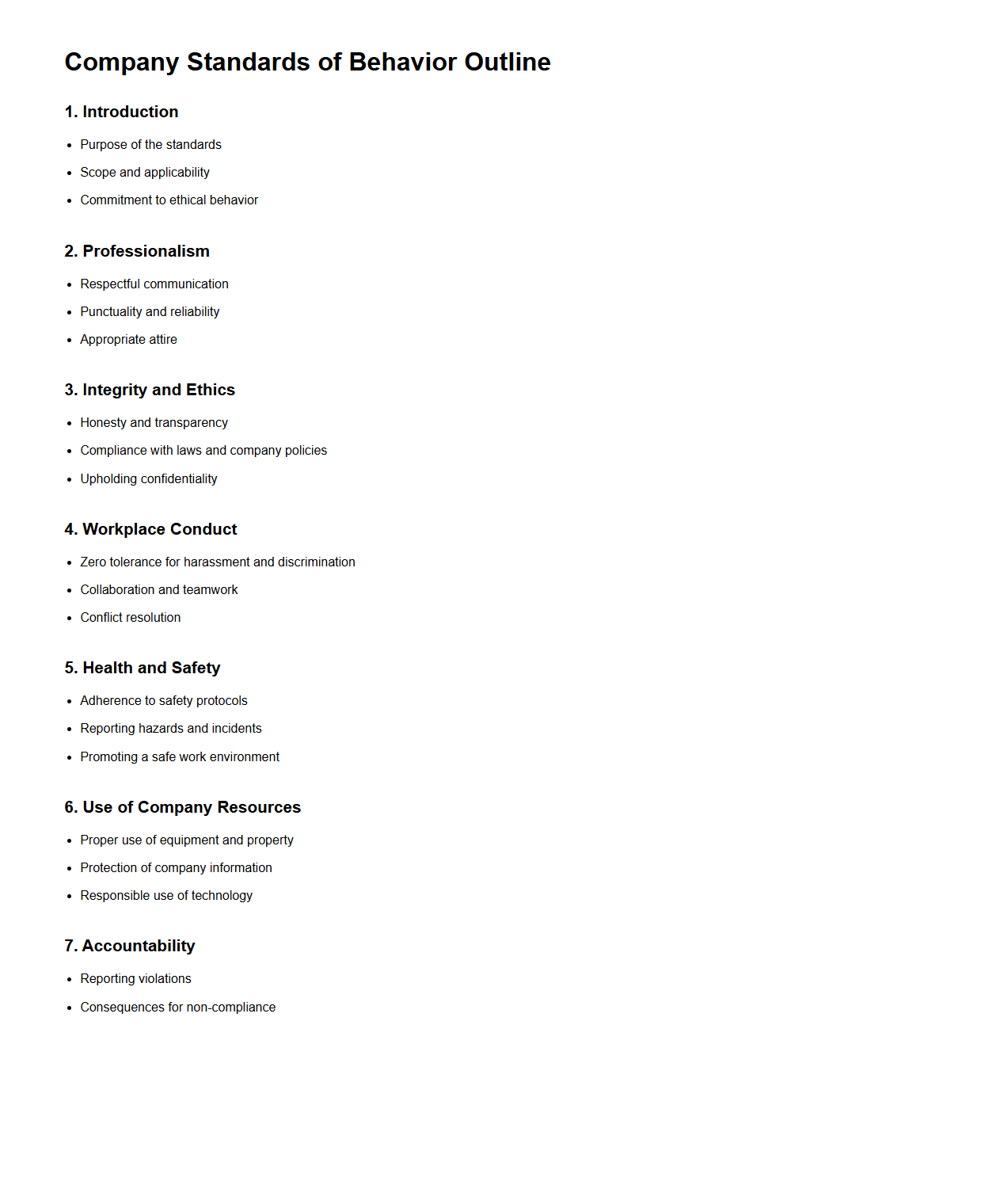 Company Standards of Behavior Outline