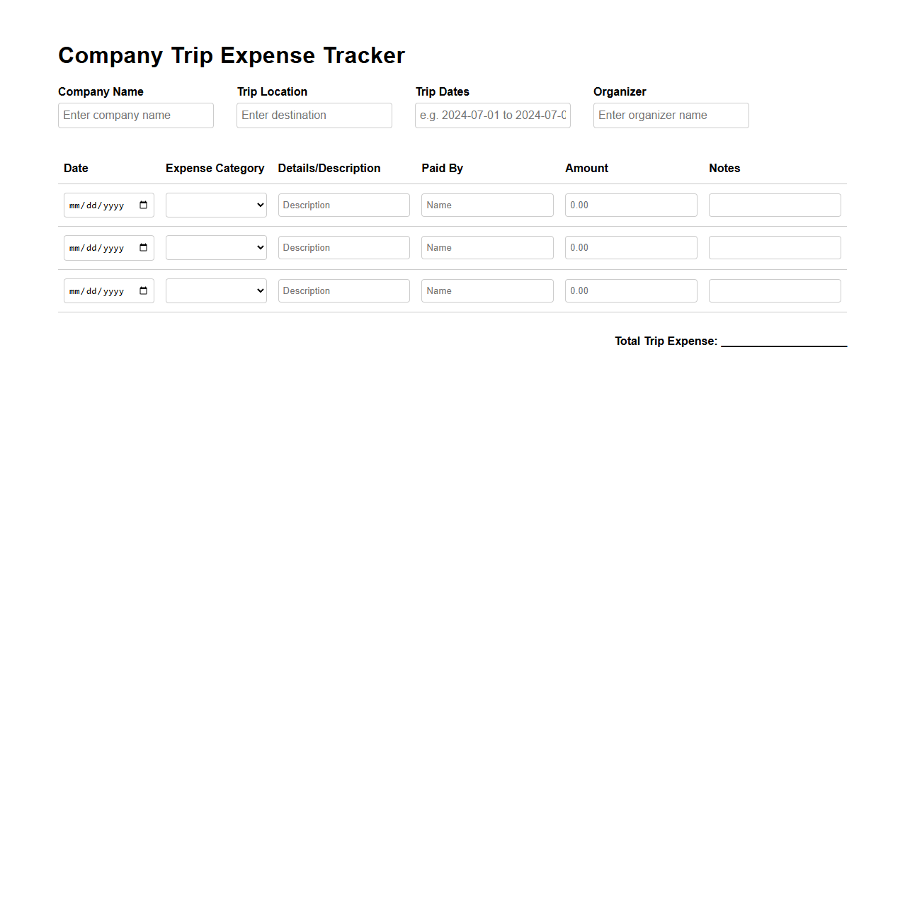 Company Trip Expense Tracker Template