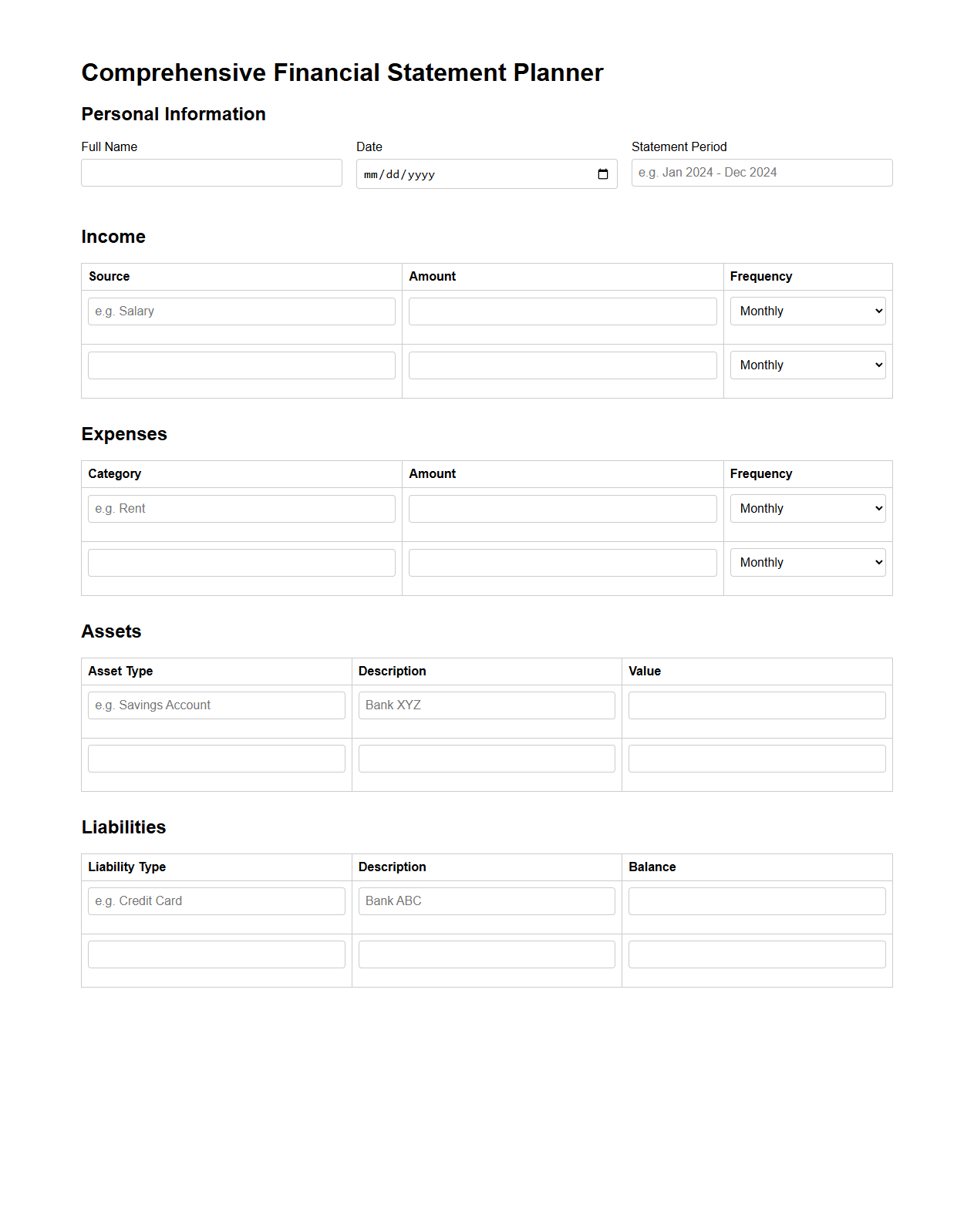 Comprehensive Financial Statement Planner