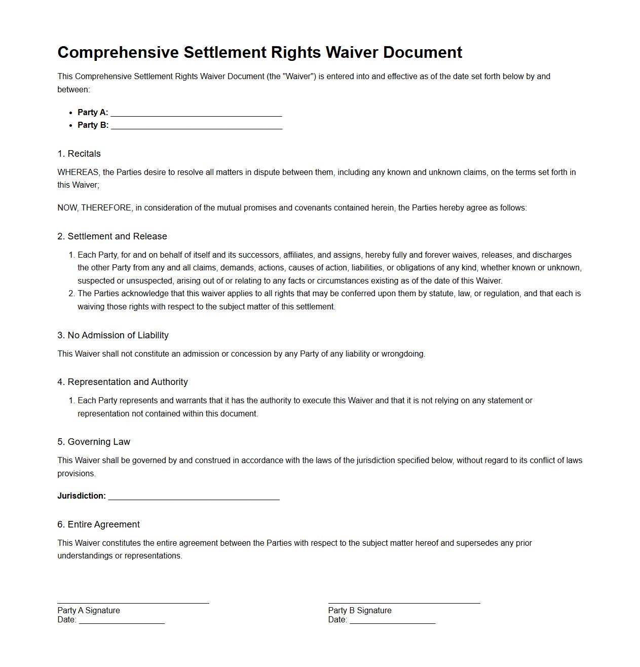 Comprehensive Settlement Rights Waiver Document