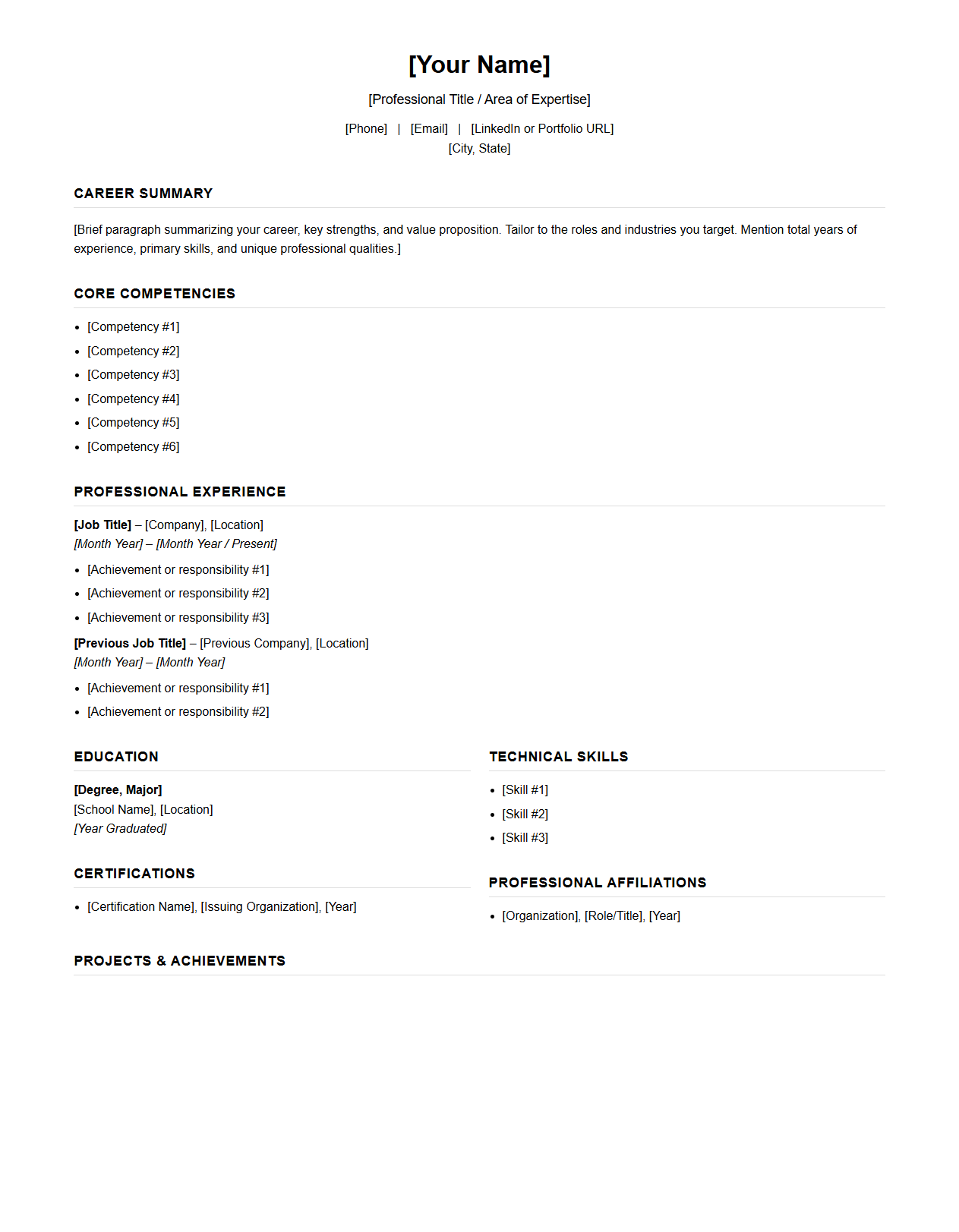 Comprehensive Two-Page Career Summary Template