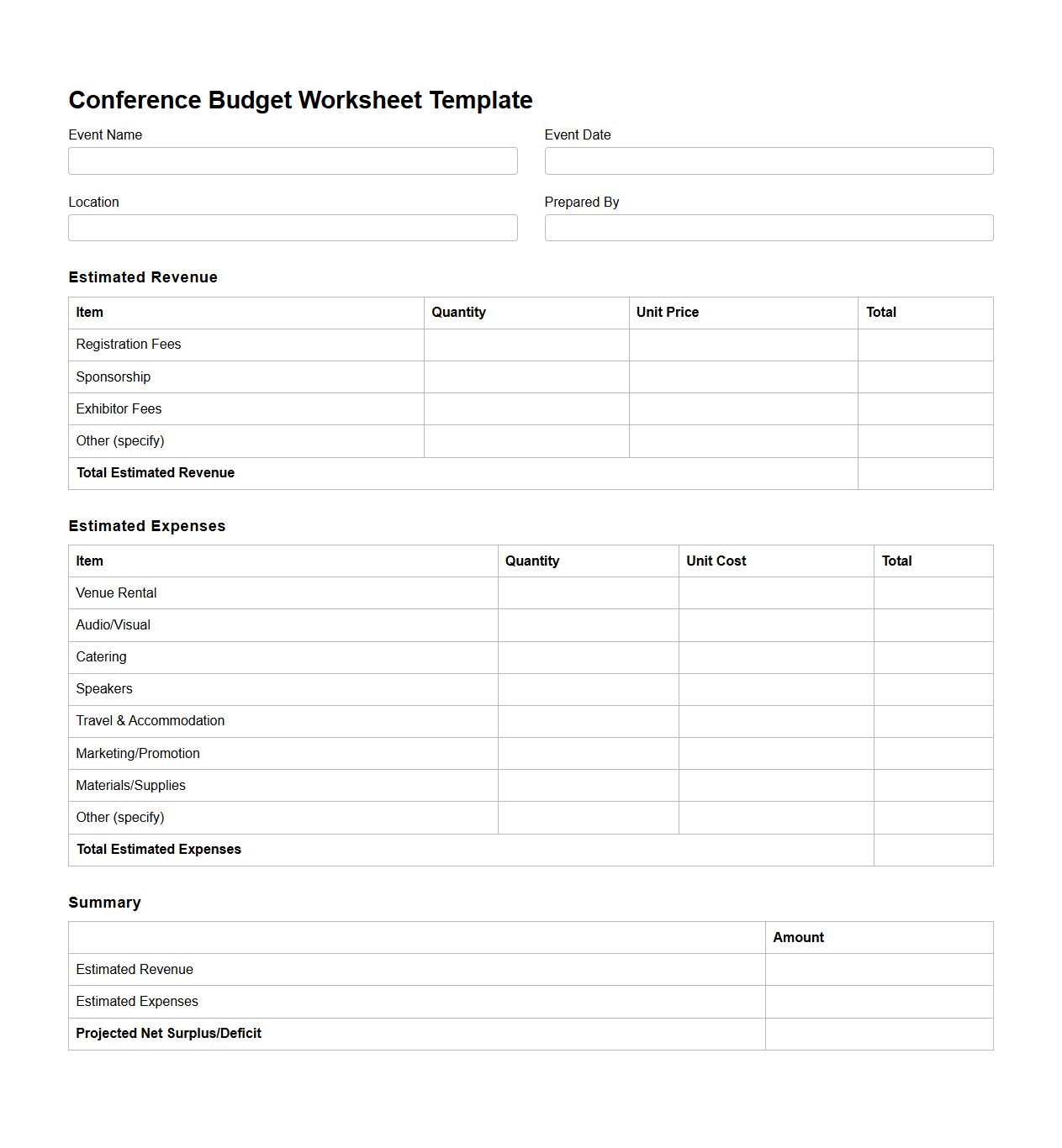Conference Budget Worksheet Template