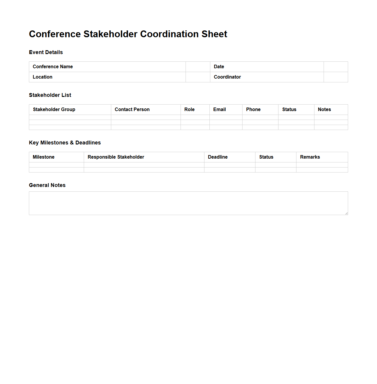 Conference Stakeholder Coordination Sheet