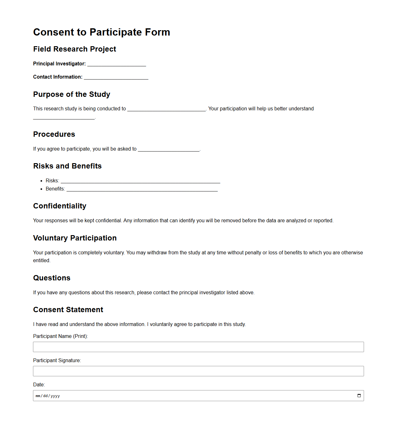 Consent to Participate Form Framework for Field Research