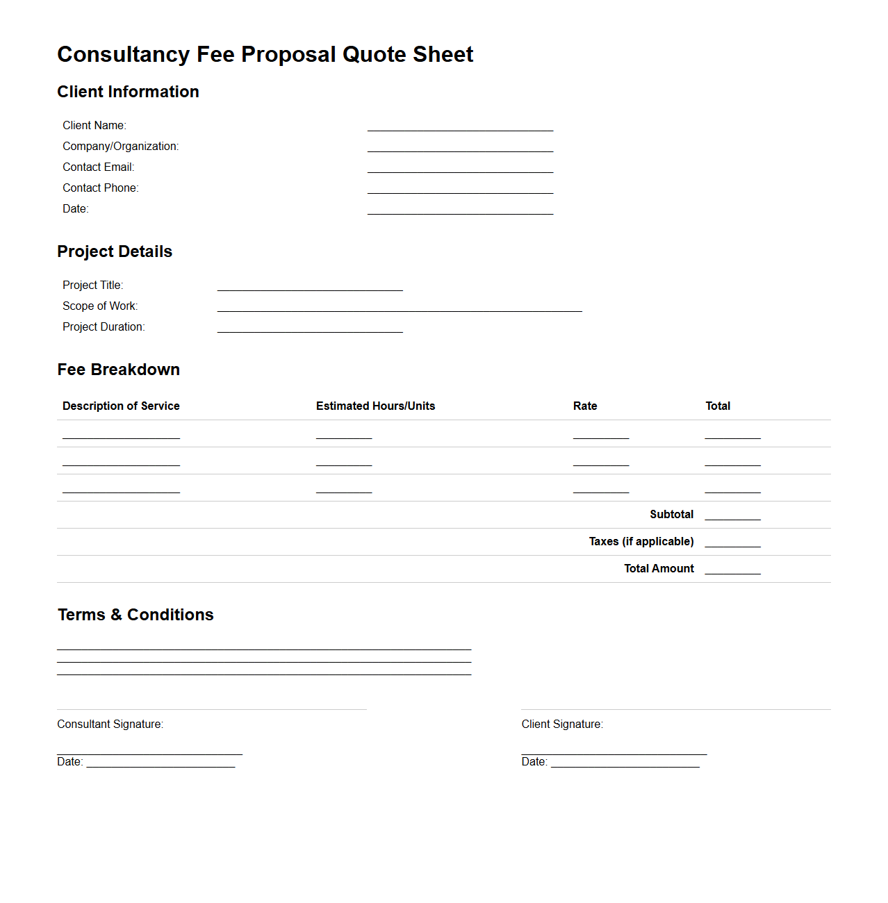 Consultancy Fee Proposal Quote Sheet