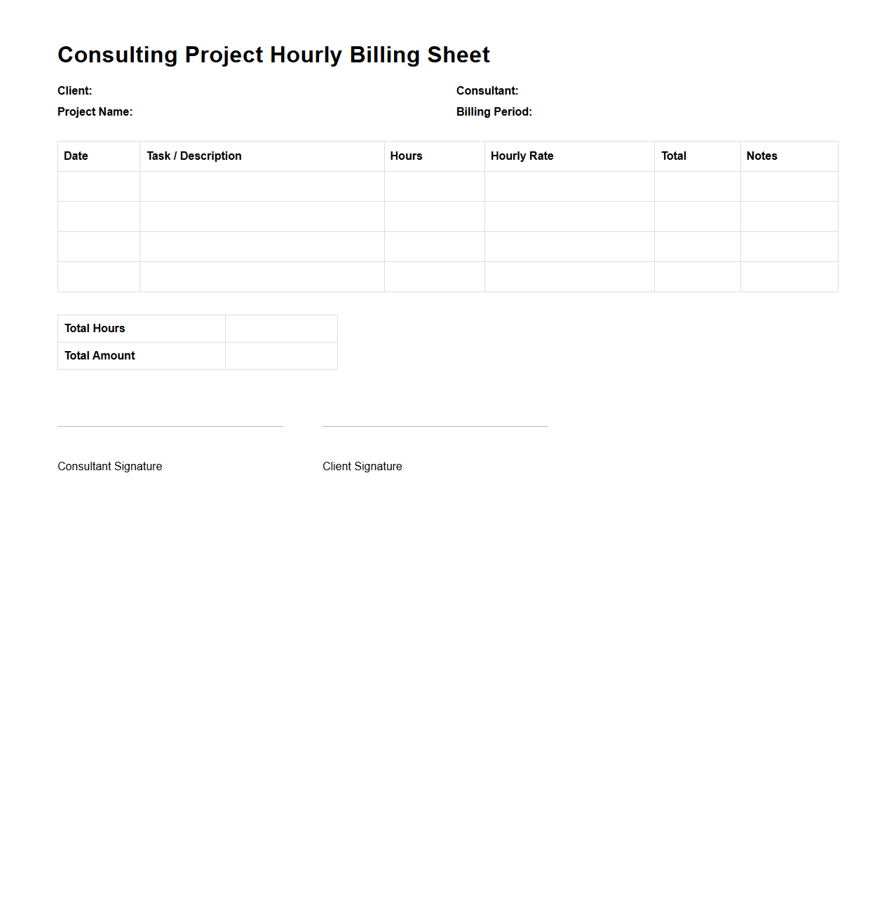 Consulting Project Hourly Billing Sheet