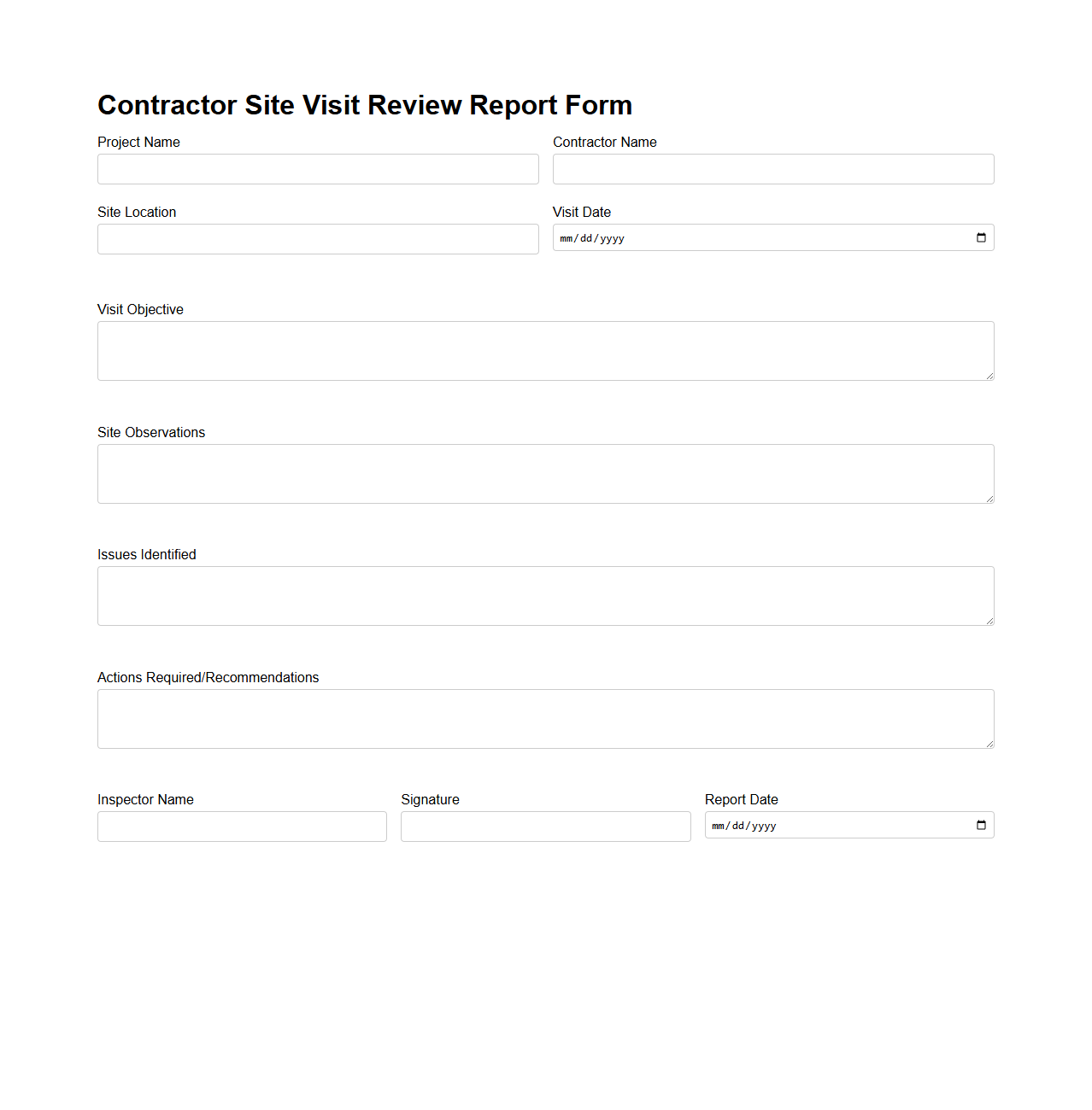 Contractor Site Visit Review Report Form