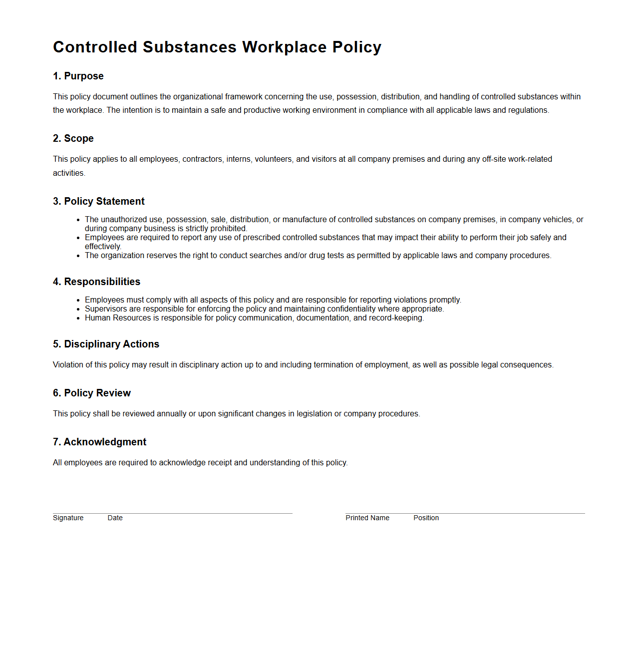 Controlled Substances Workplace Policy Blueprint