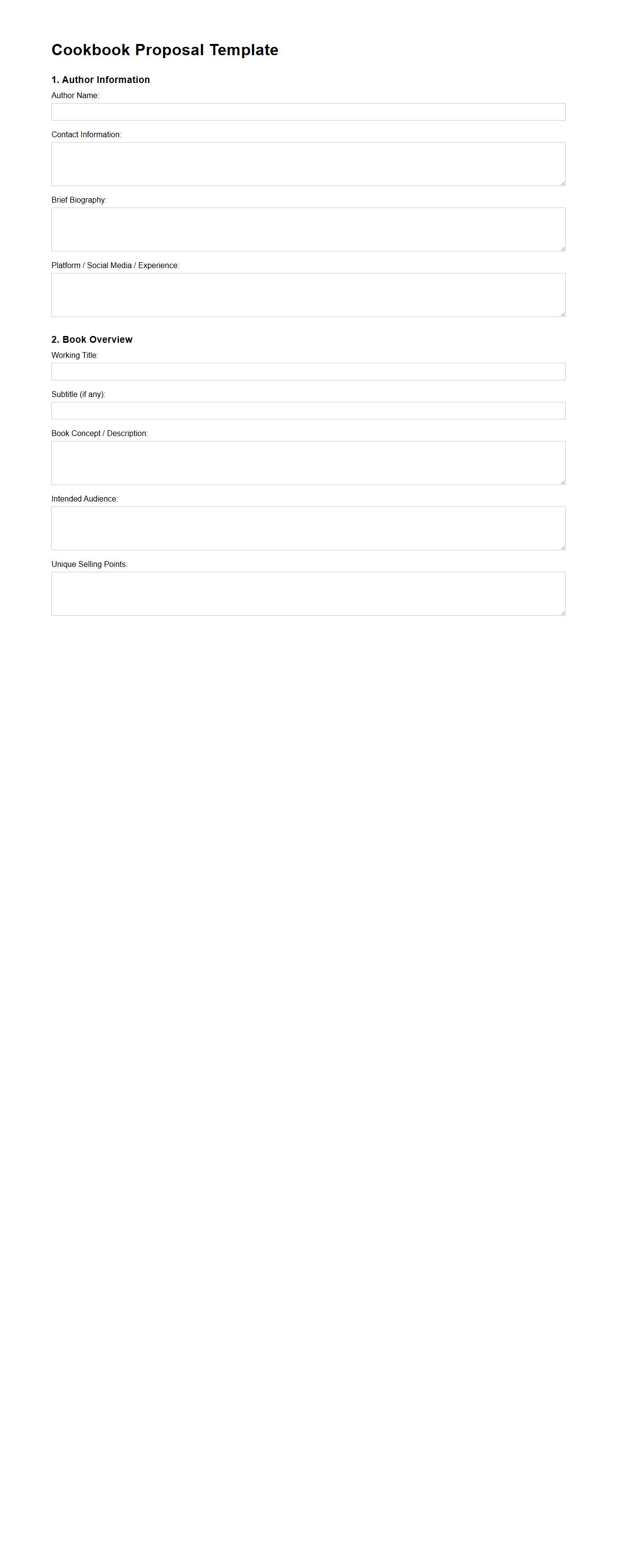 Cookbook Proposal Blank Template for Publishers