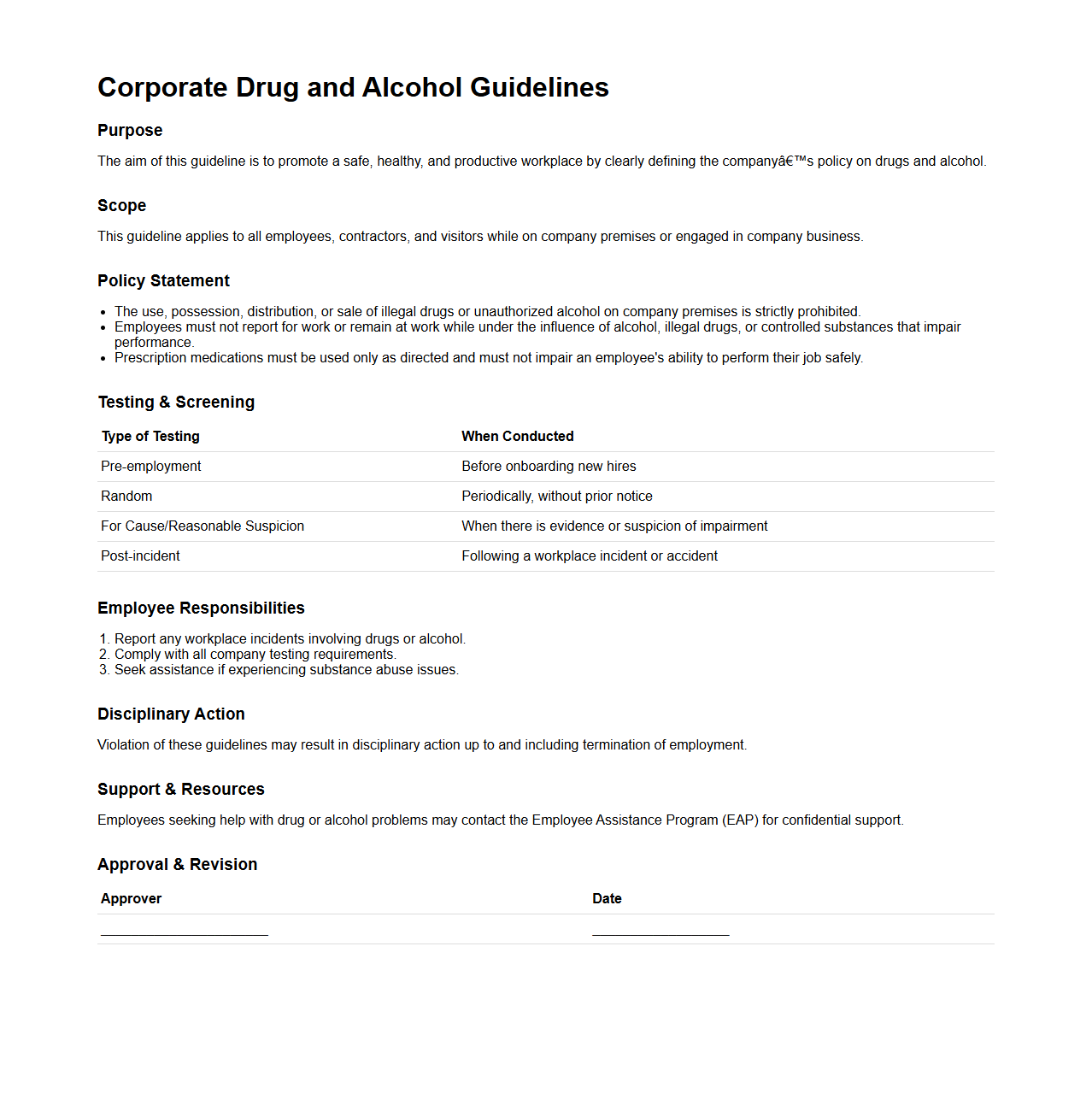 Corporate Drug and Alcohol Guidelines Sheet
