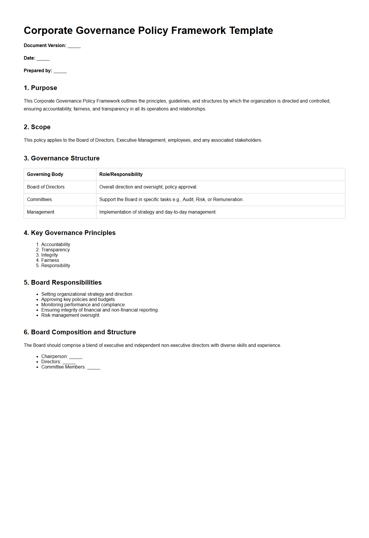 Corporate Governance Policy Framework Template