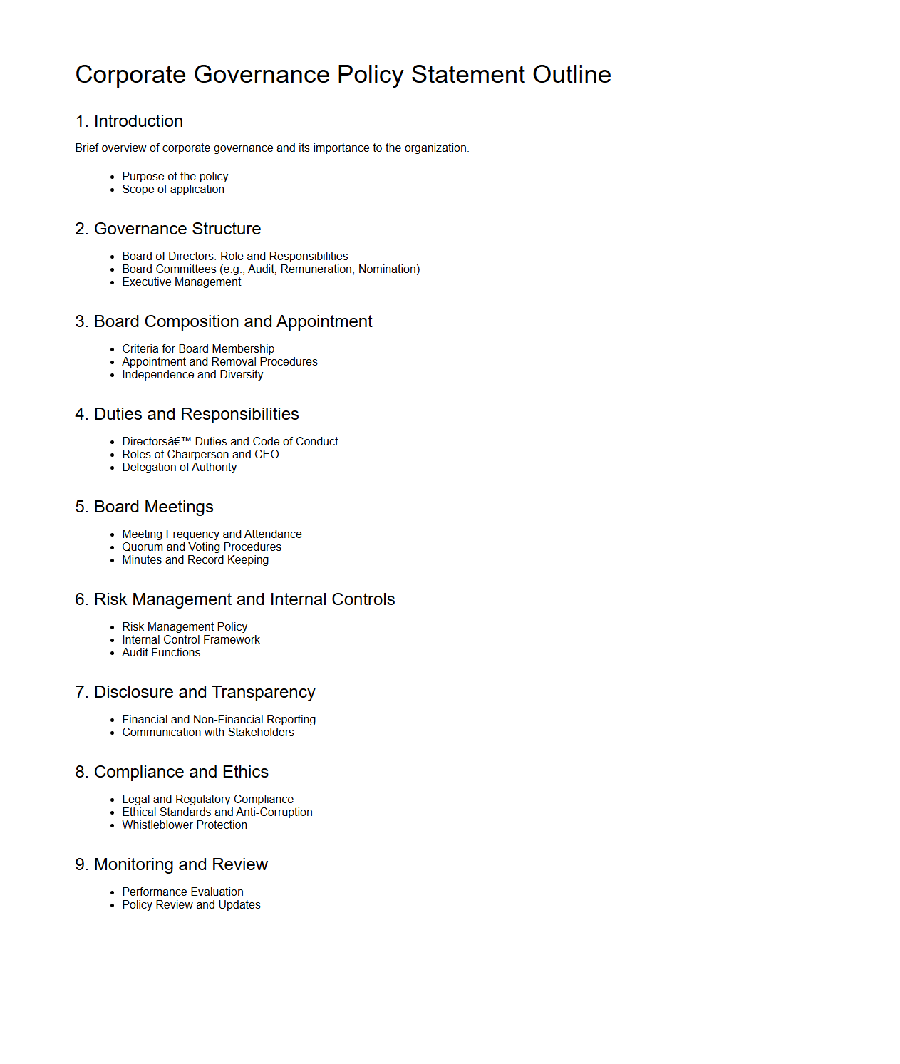 Corporate Governance Policy Statement Outline