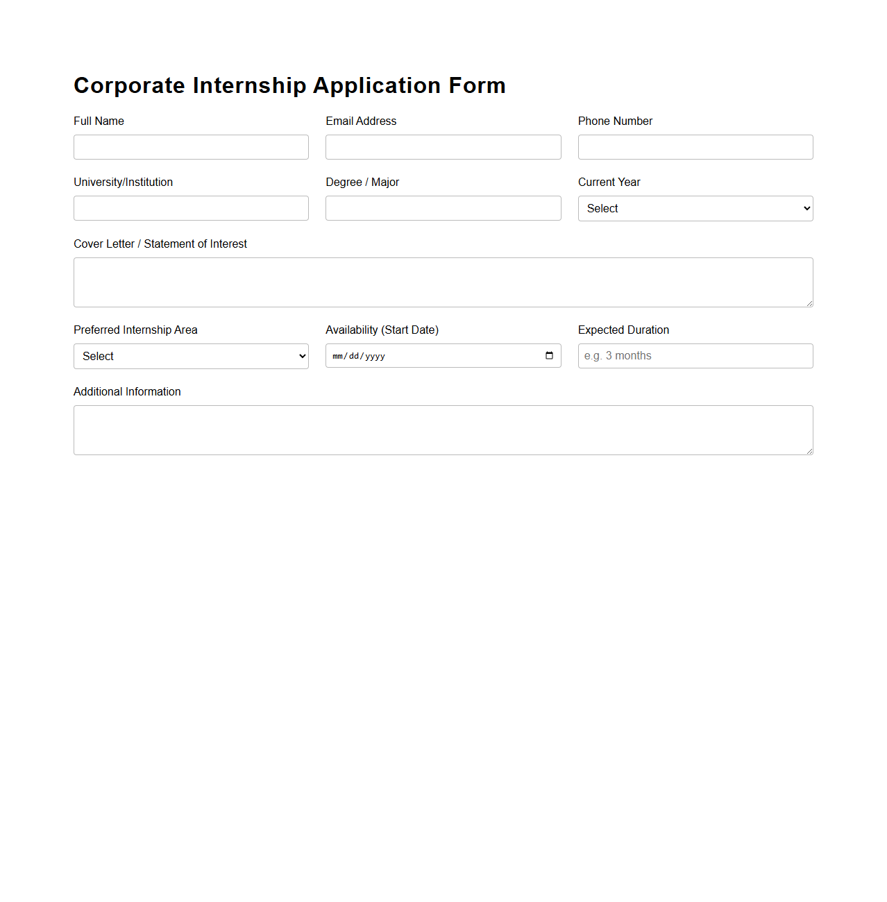 Corporate Internship Application Blank Form