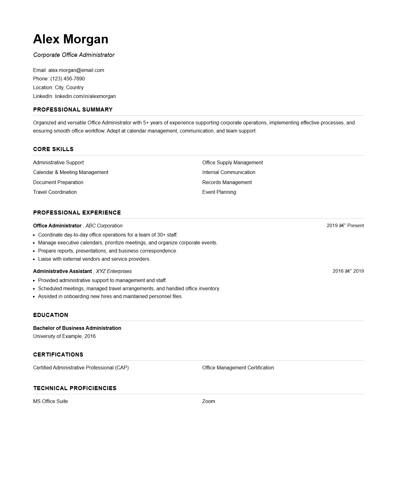 Corporate Office Administrator CV Template