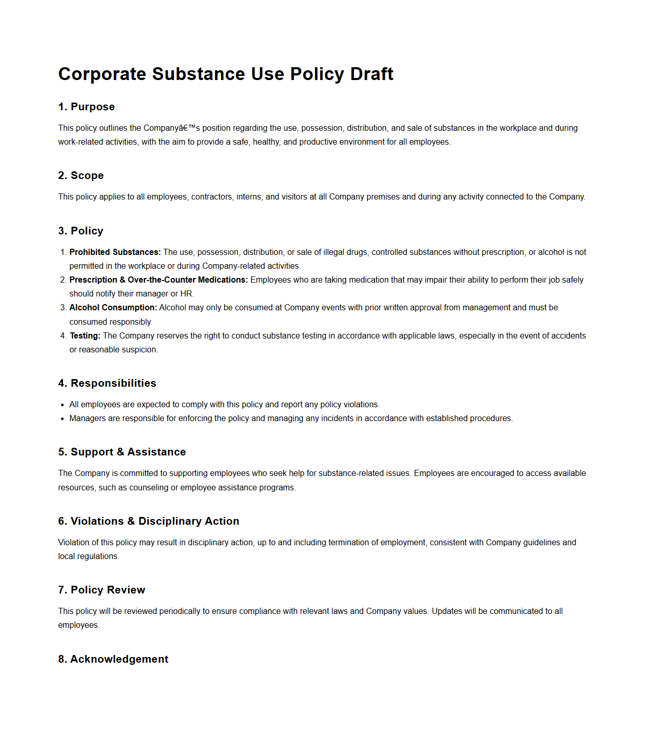 Corporate Substance Use Policy Draft