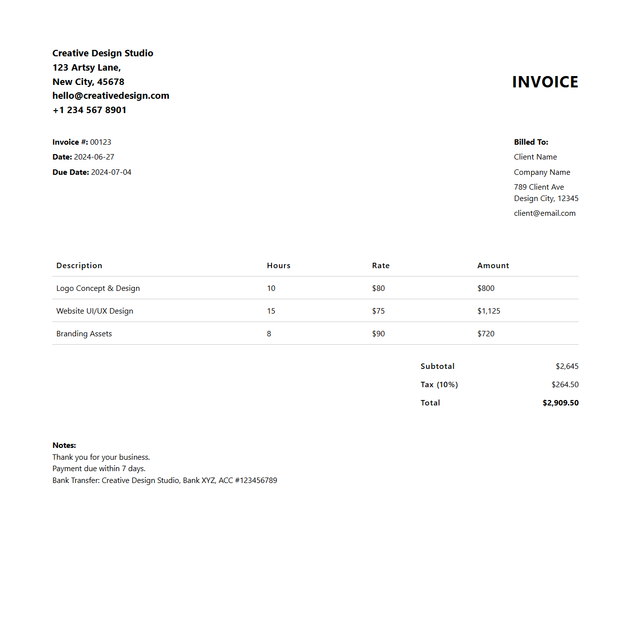 Creative Design Studio Invoice Format