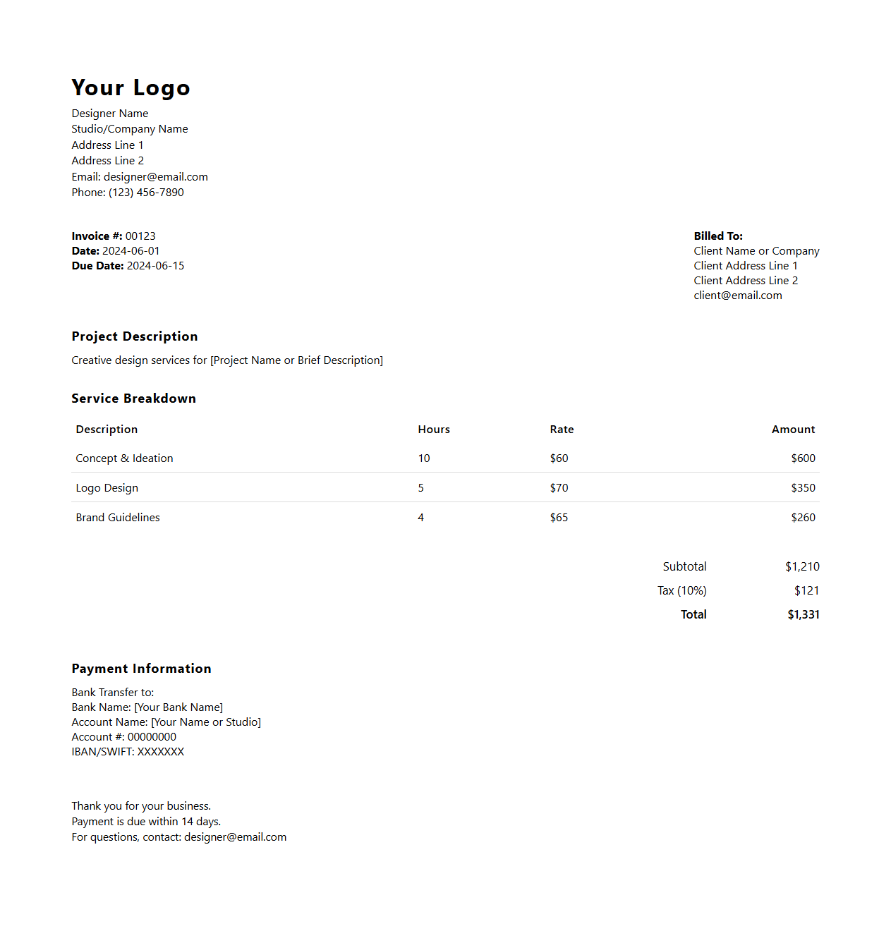 Creative Services Invoice Layout for Designers