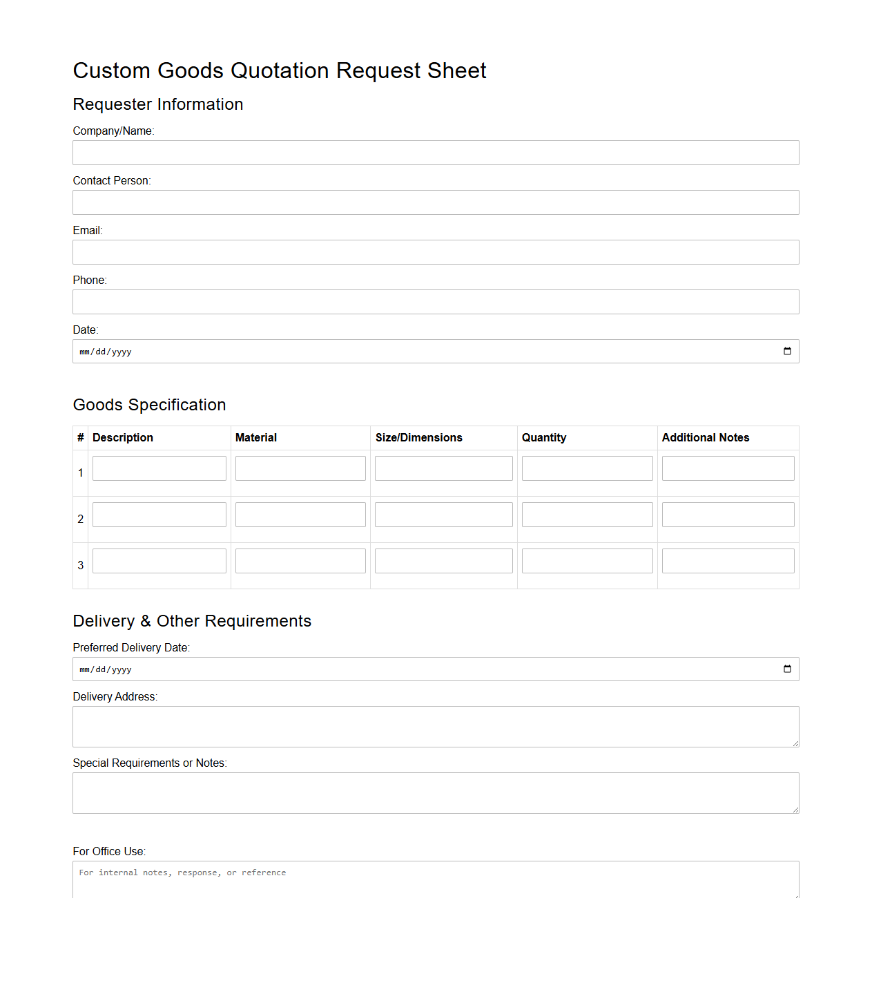 Custom Goods Quotation Request Sheet