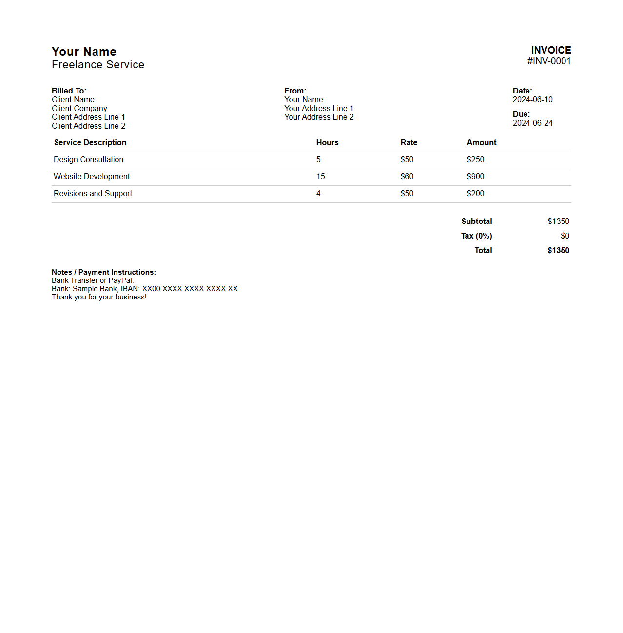 Custom Service Invoice Template for Freelancers