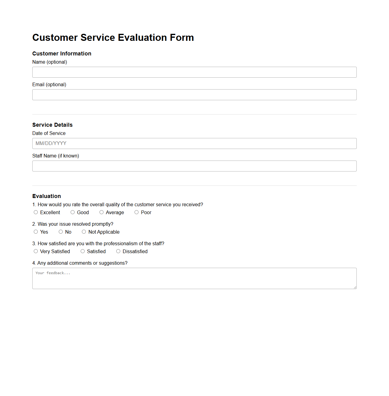 Customer Service Evaluation Form Template