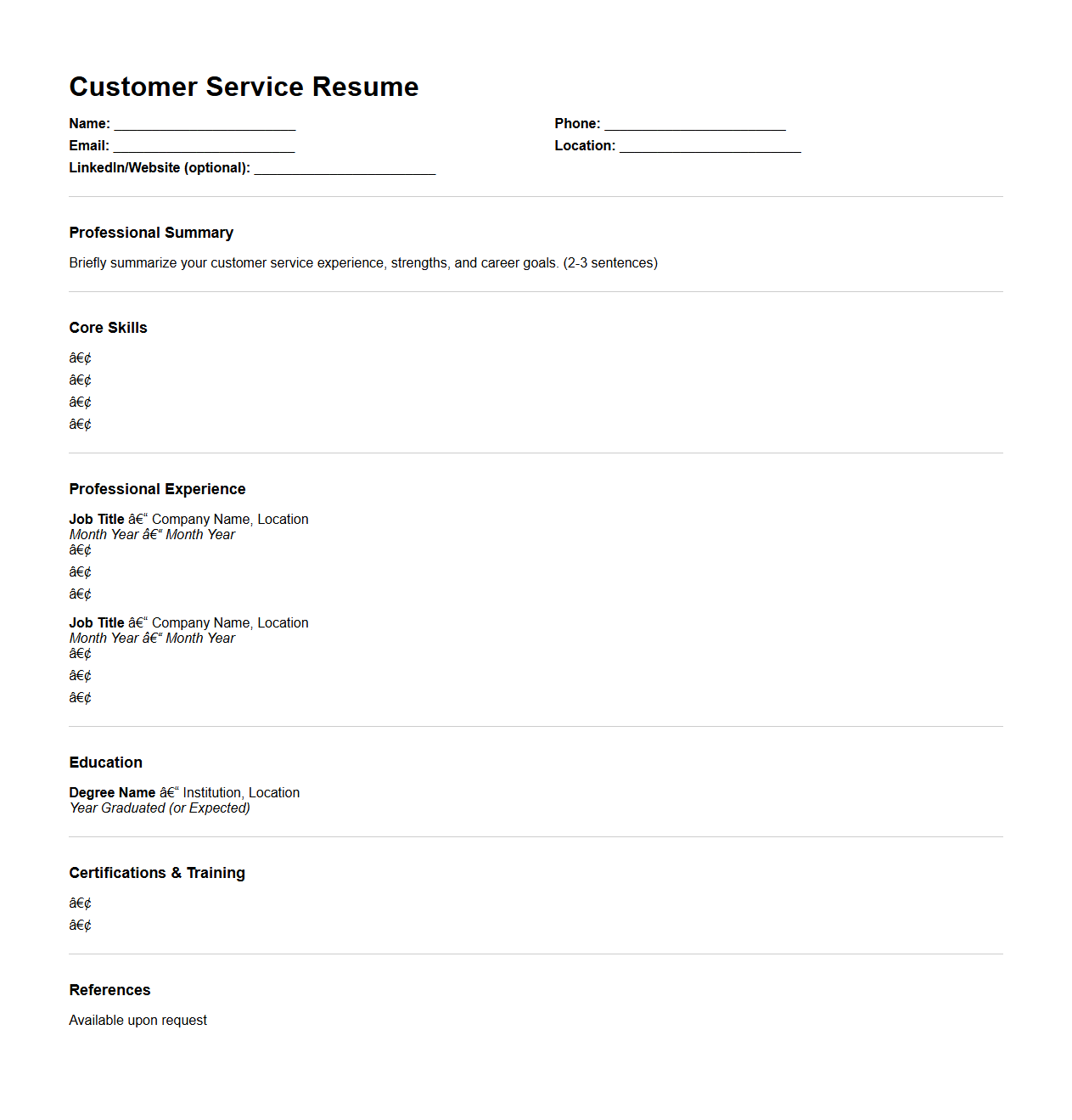 Customer Service Resume Outline Template