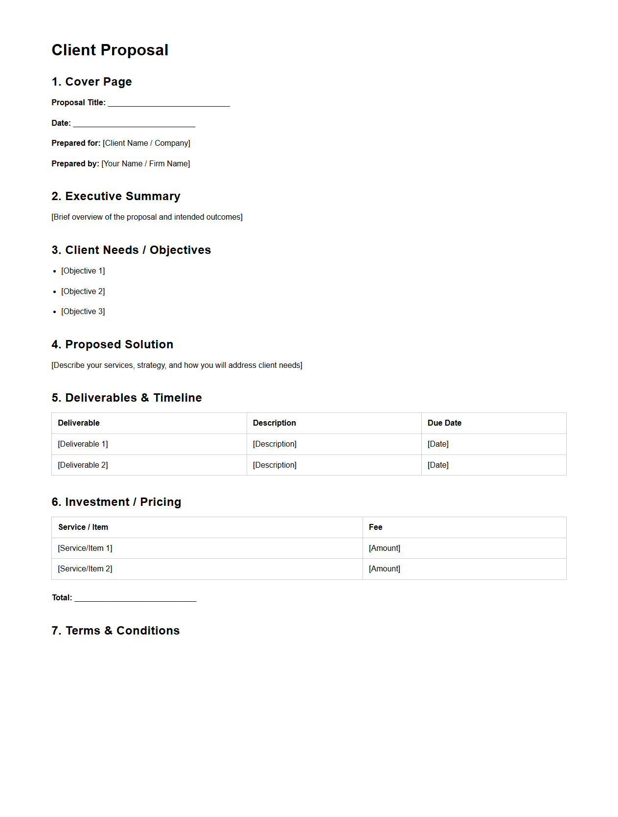 Customizable Blank Client Proposal Structure