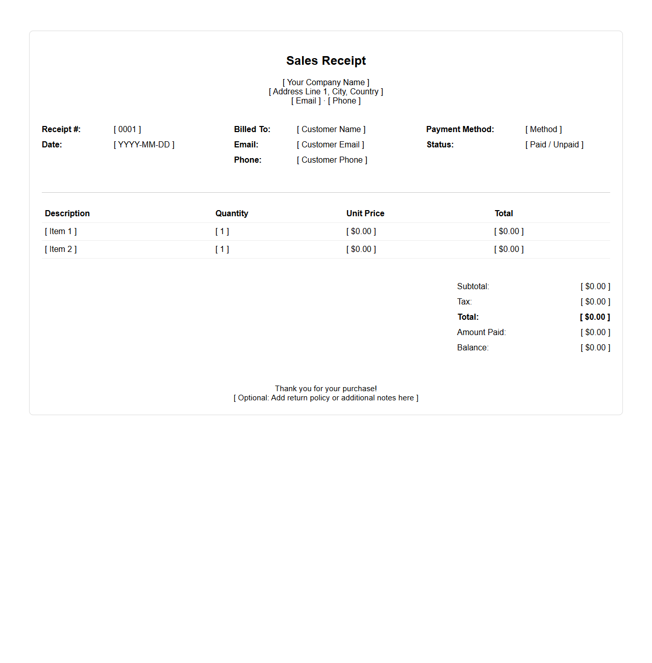 Customizable Blank Digital Sales Receipt Template