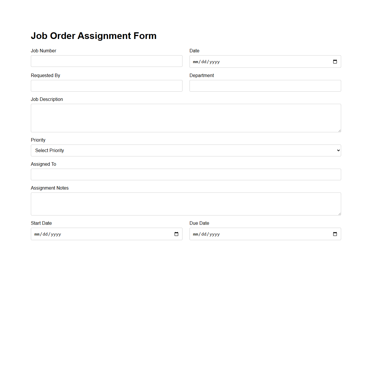 Customizable Job Order Assignment Form