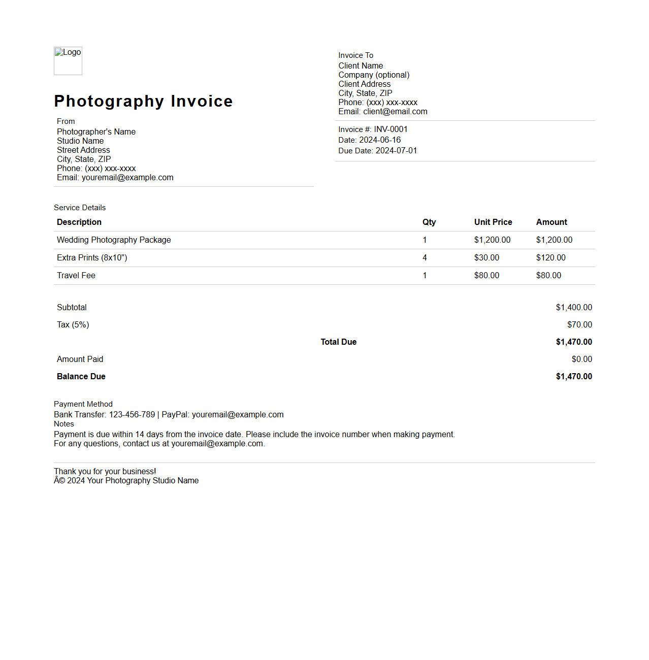 Customizable Photography Invoice Format