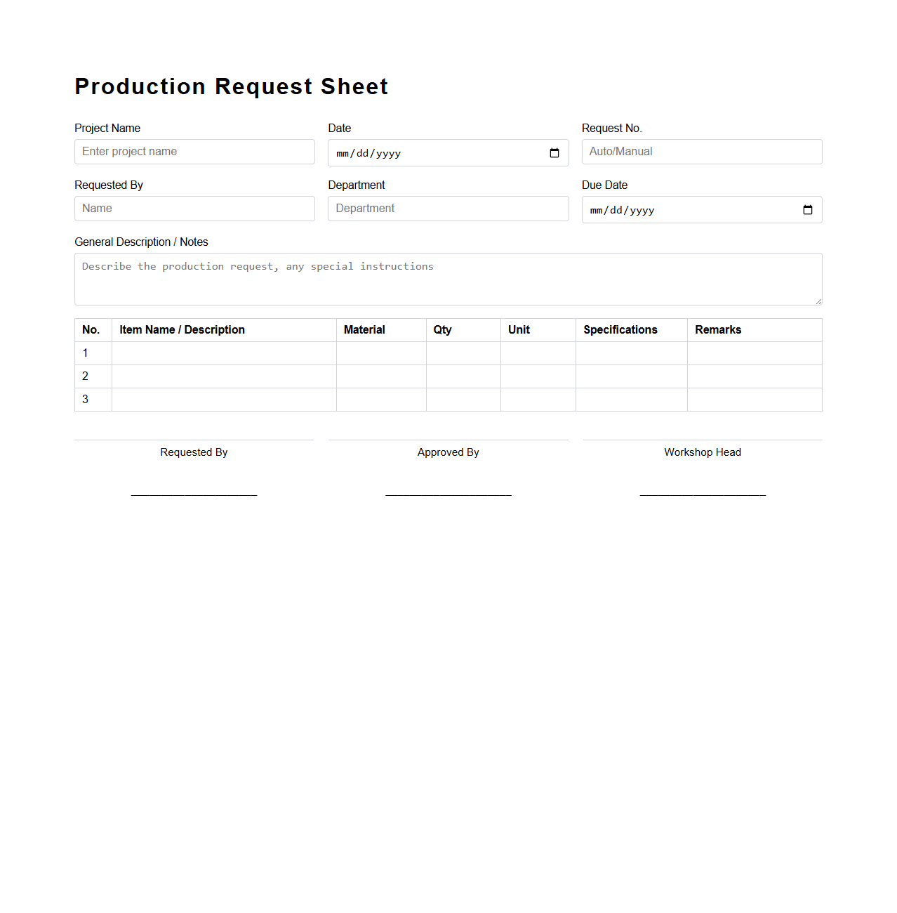 Customizable Production Request Sheet for Workshop