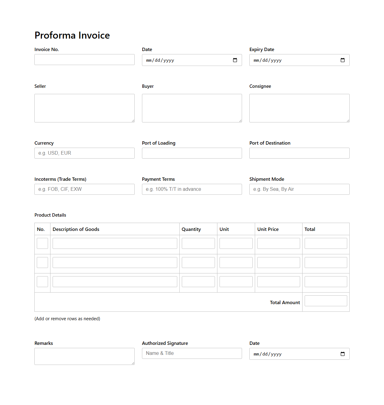 Customizable Proforma Invoice Form for Worldwide Trade