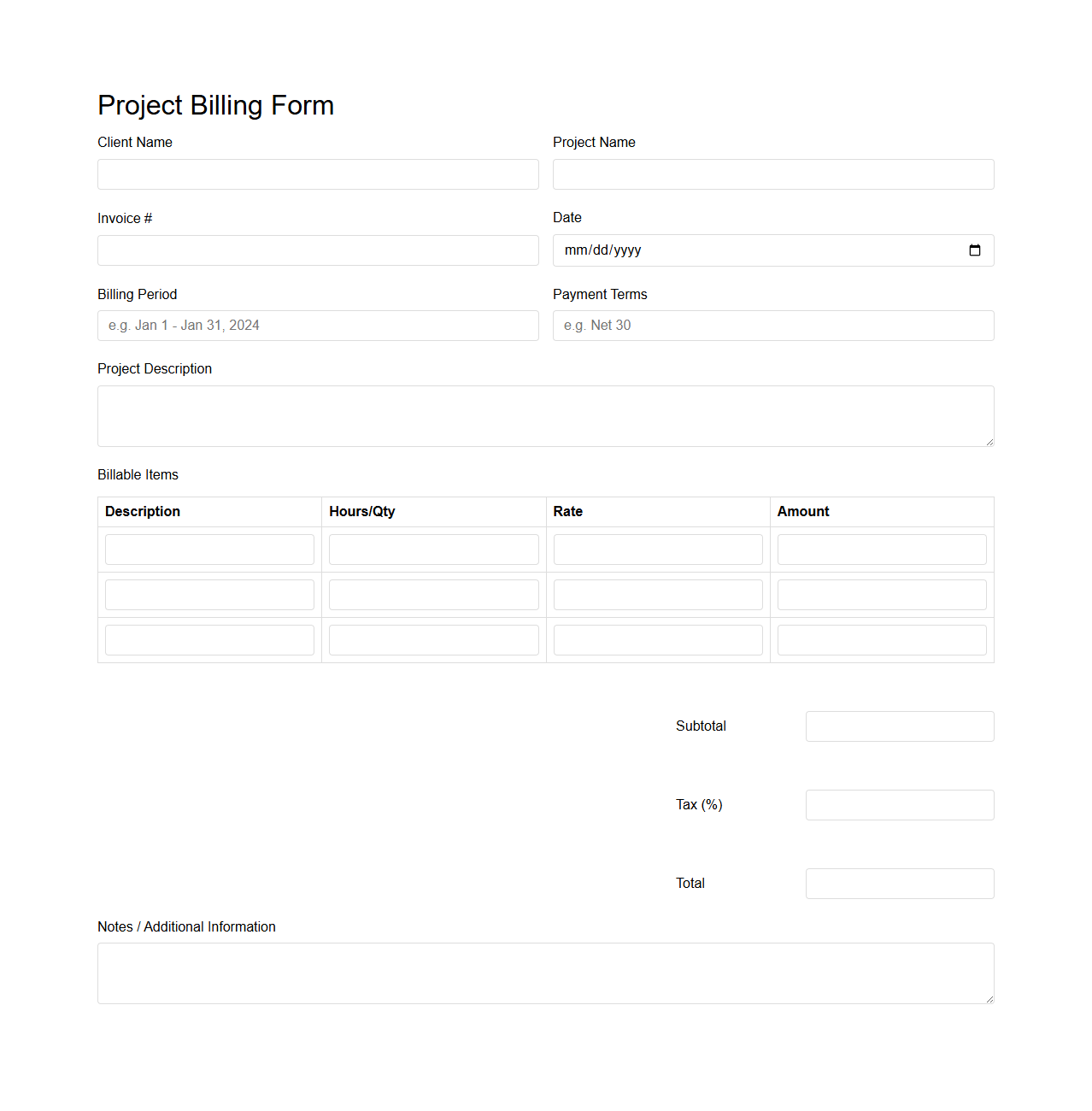 Customizable Project Billing Form