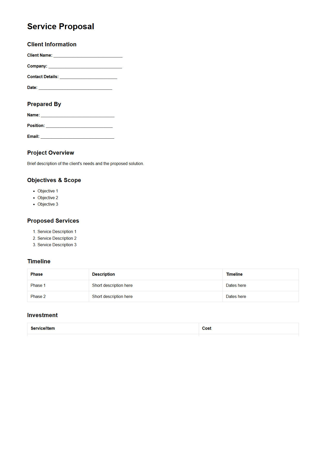 Customizable Service Proposal Layout for Clients