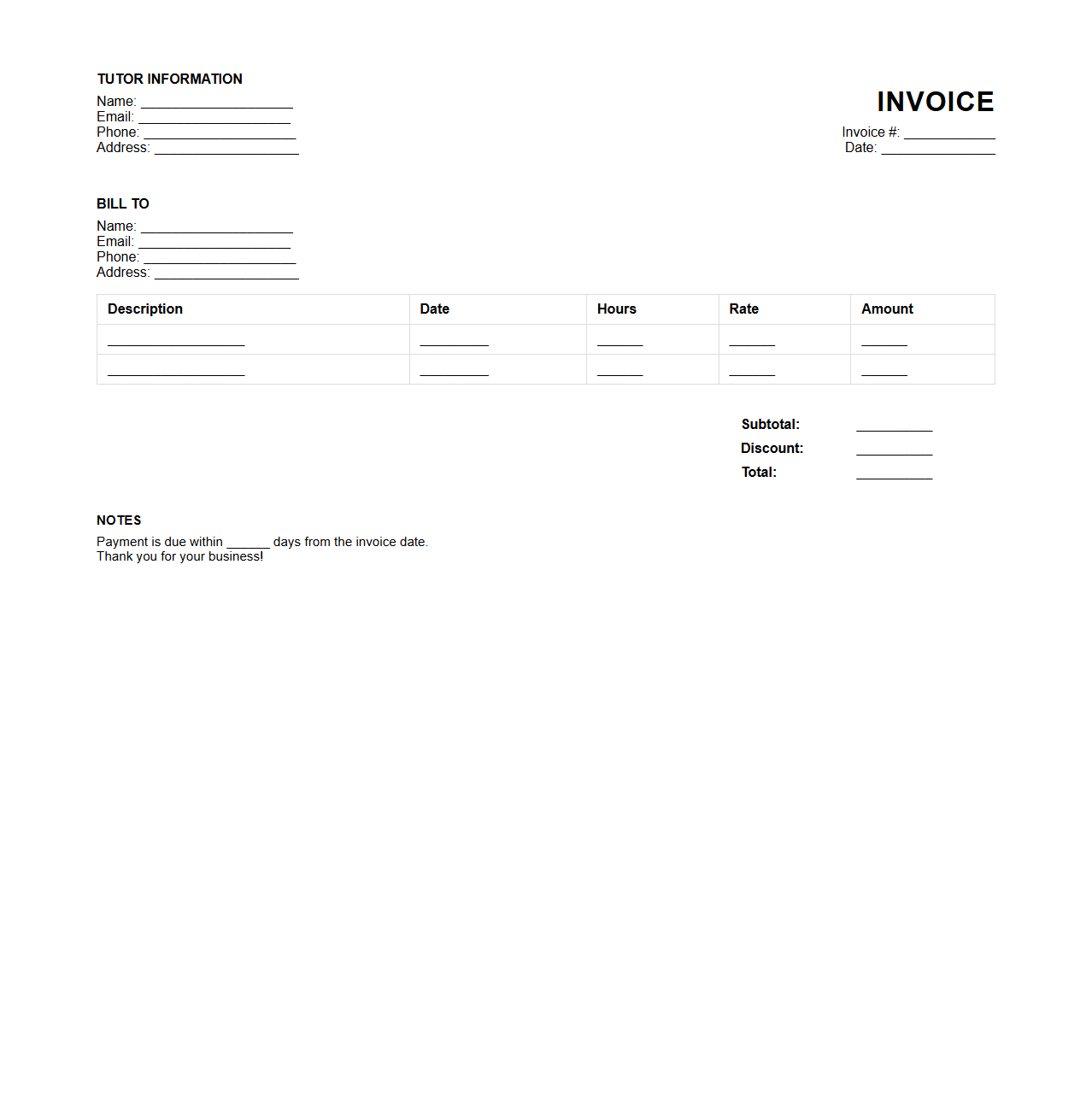 Customized Invoice Template for Private Tutors