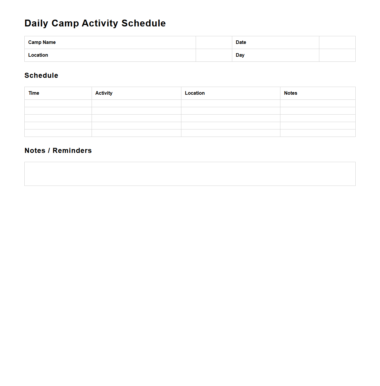 Daily Camp Activity Schedule Template
