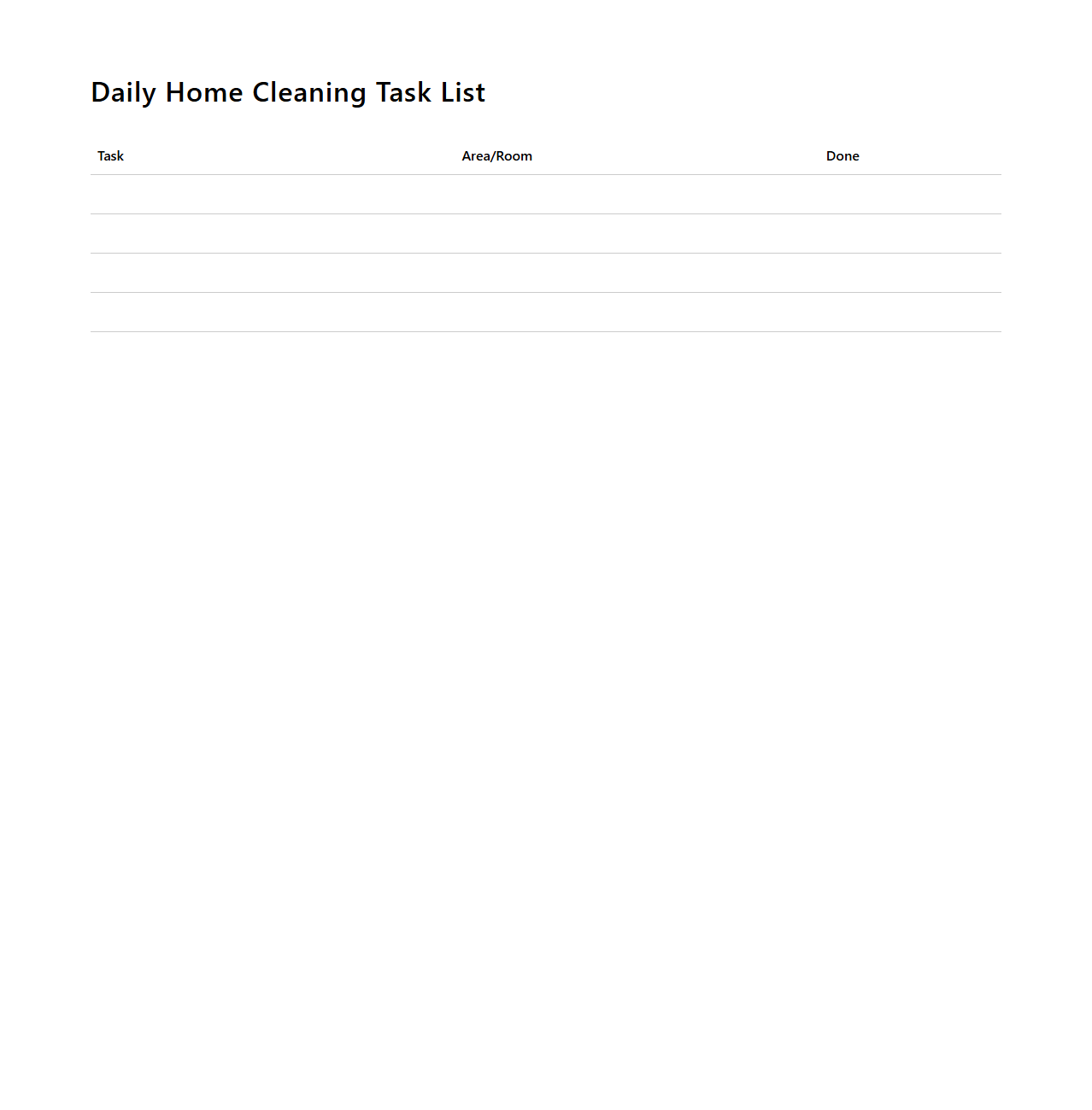 Daily Home Cleaning Task List Template